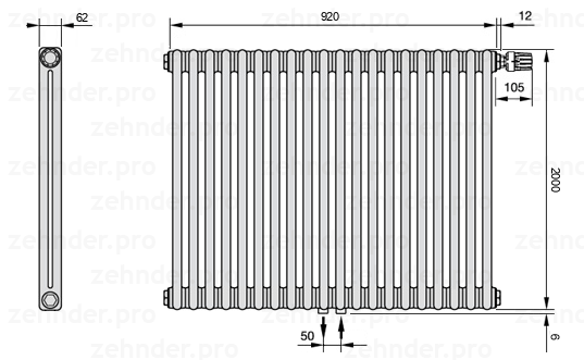 Схема (чертеж) Радиатор Zehnder Charleston 2200/20 №V008 Белый глянцевый RAL 9016